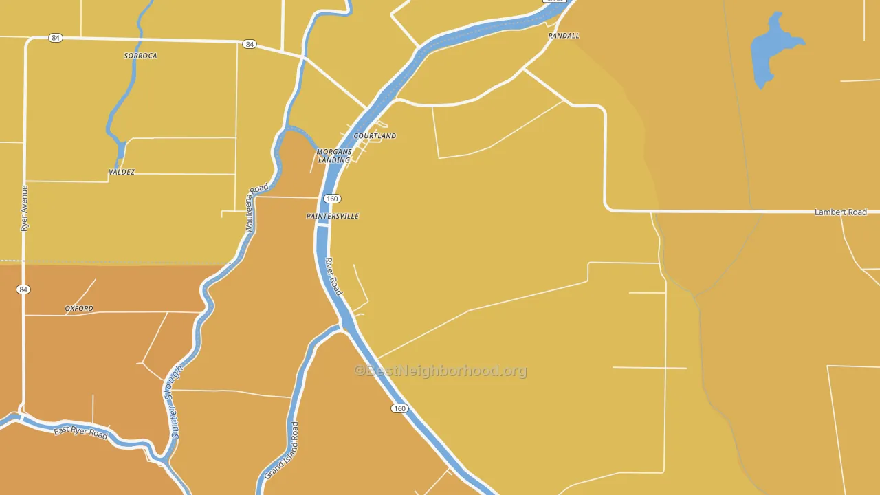 Map of the best neighborhoods in the 95615 area, with better matches in green and worse matches in red