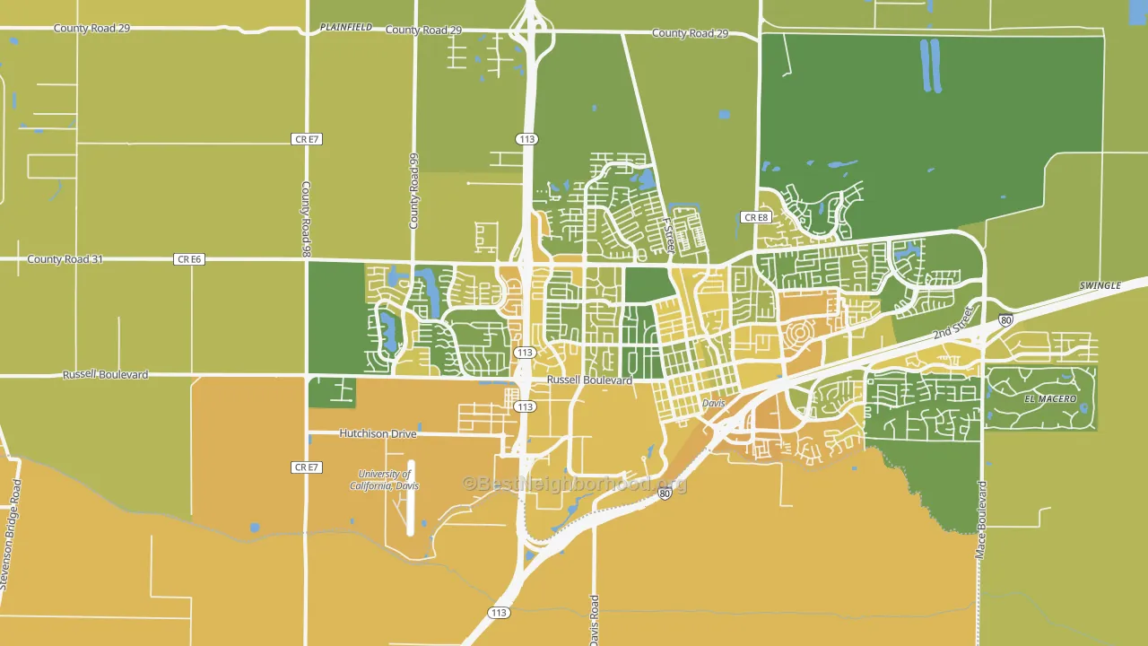Map of the best neighborhoods in the 95616 area, with better matches in green and worse matches in red