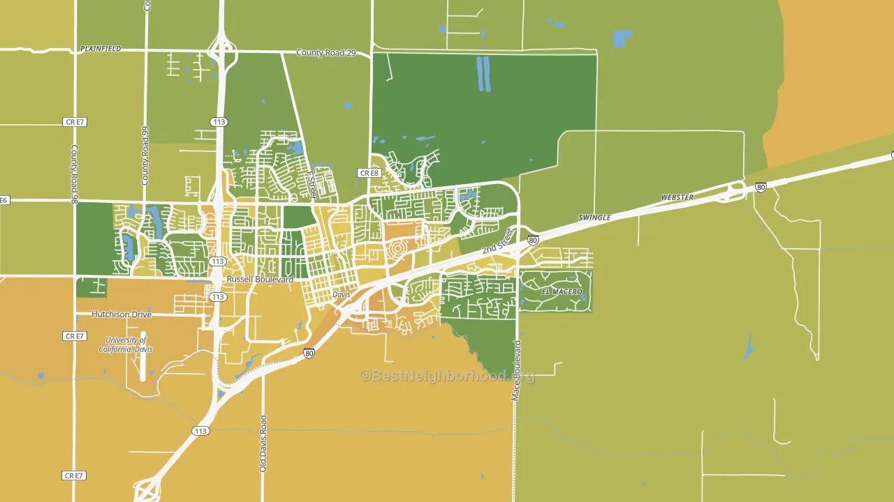 Map of the best neighborhoods in the 95618 area, with better matches in green and worse matches in red