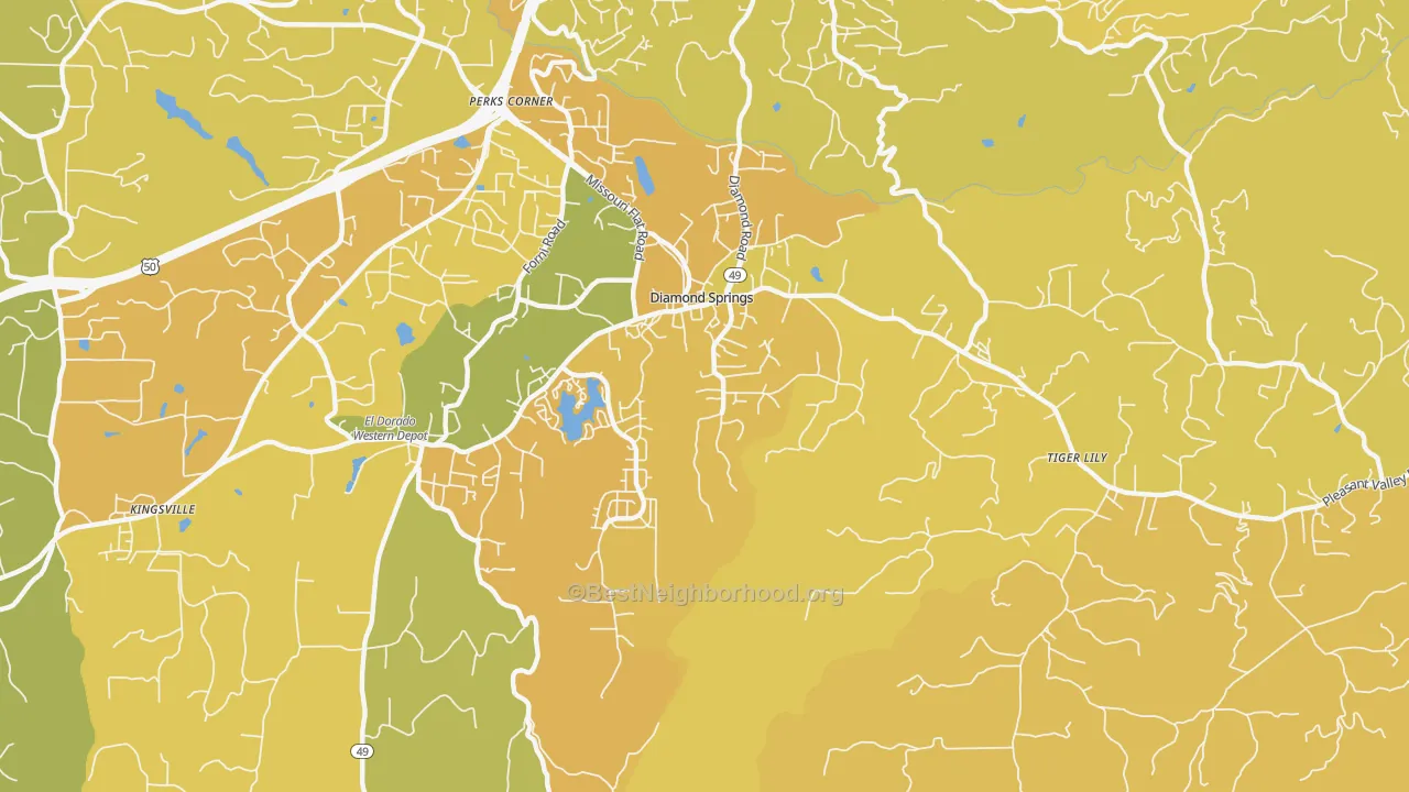 Map of the best neighborhoods in the 95619 area, with better matches in green and worse matches in red