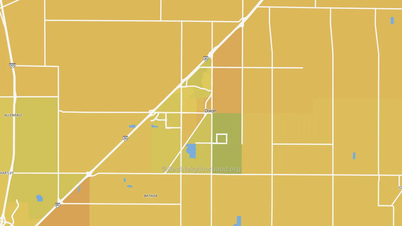 Map of the best neighborhoods in the 95620 area, with better matches in green and worse matches in red