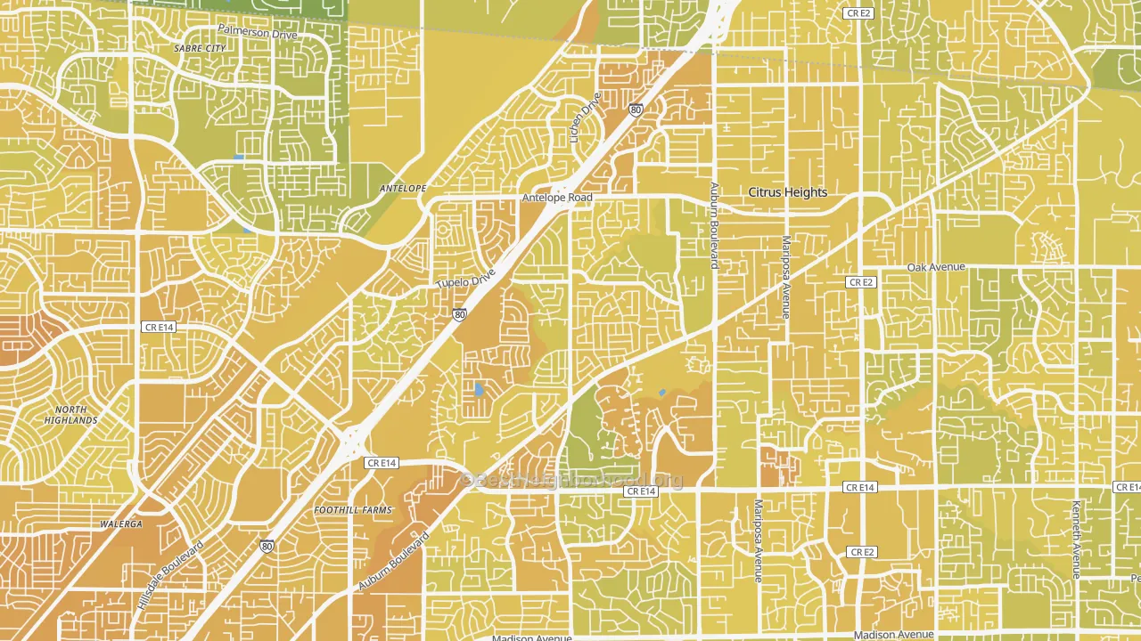 Map of the best neighborhoods in the 95621 area, with better matches in green and worse matches in red