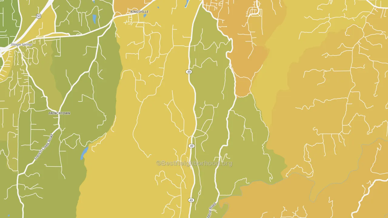 Map of the best neighborhoods in the 95623 area, with better matches in green and worse matches in red