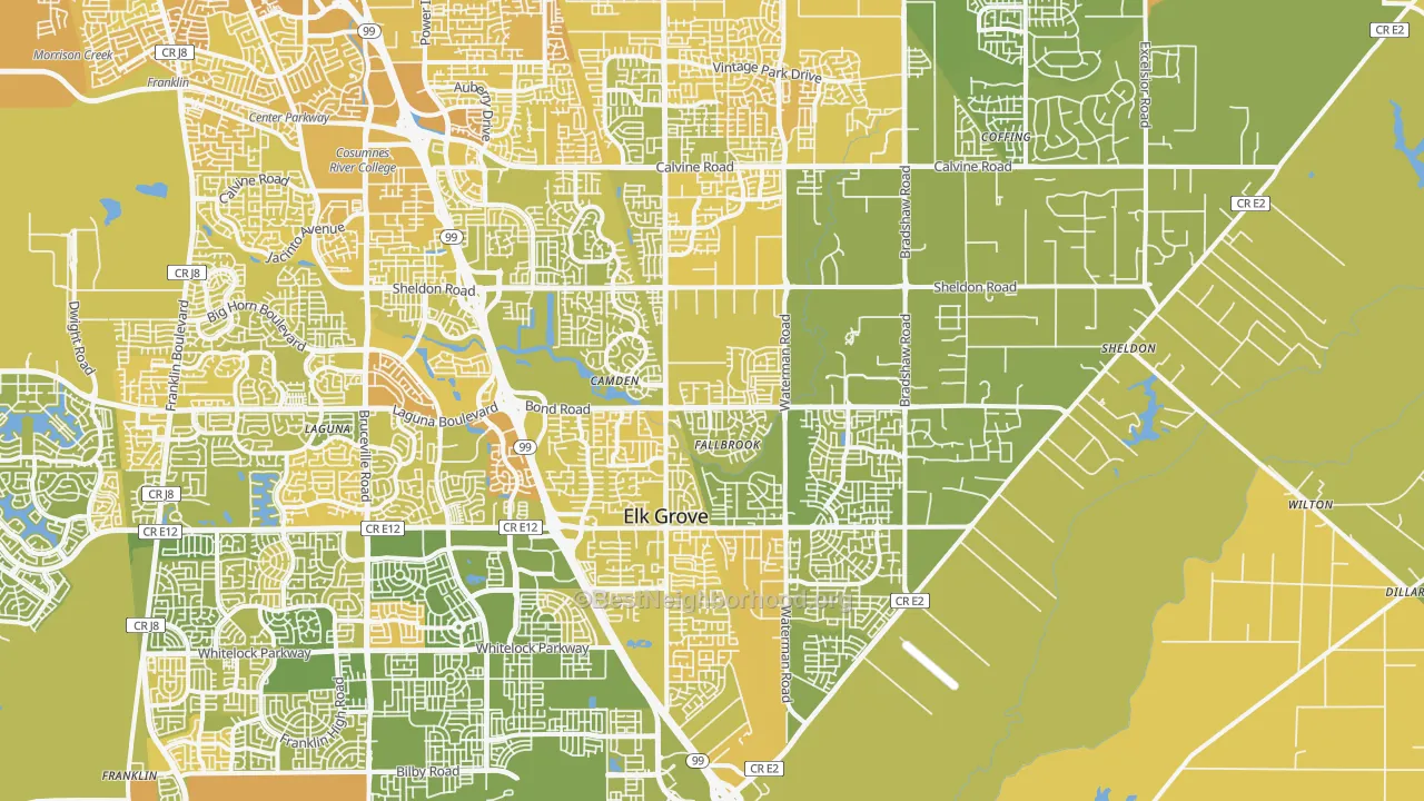 Map of the best neighborhoods in the 95624 area, with better matches in green and worse matches in red