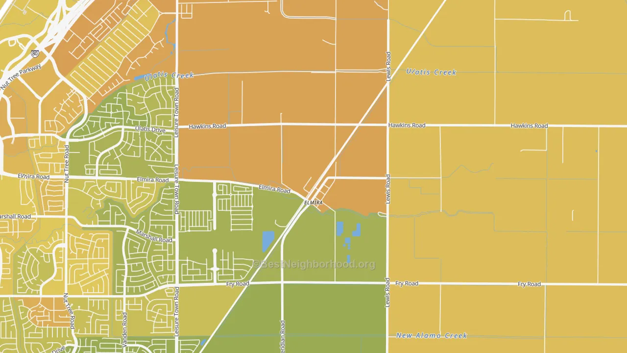 Map of the best neighborhoods in the 95625 area, with better matches in green and worse matches in red