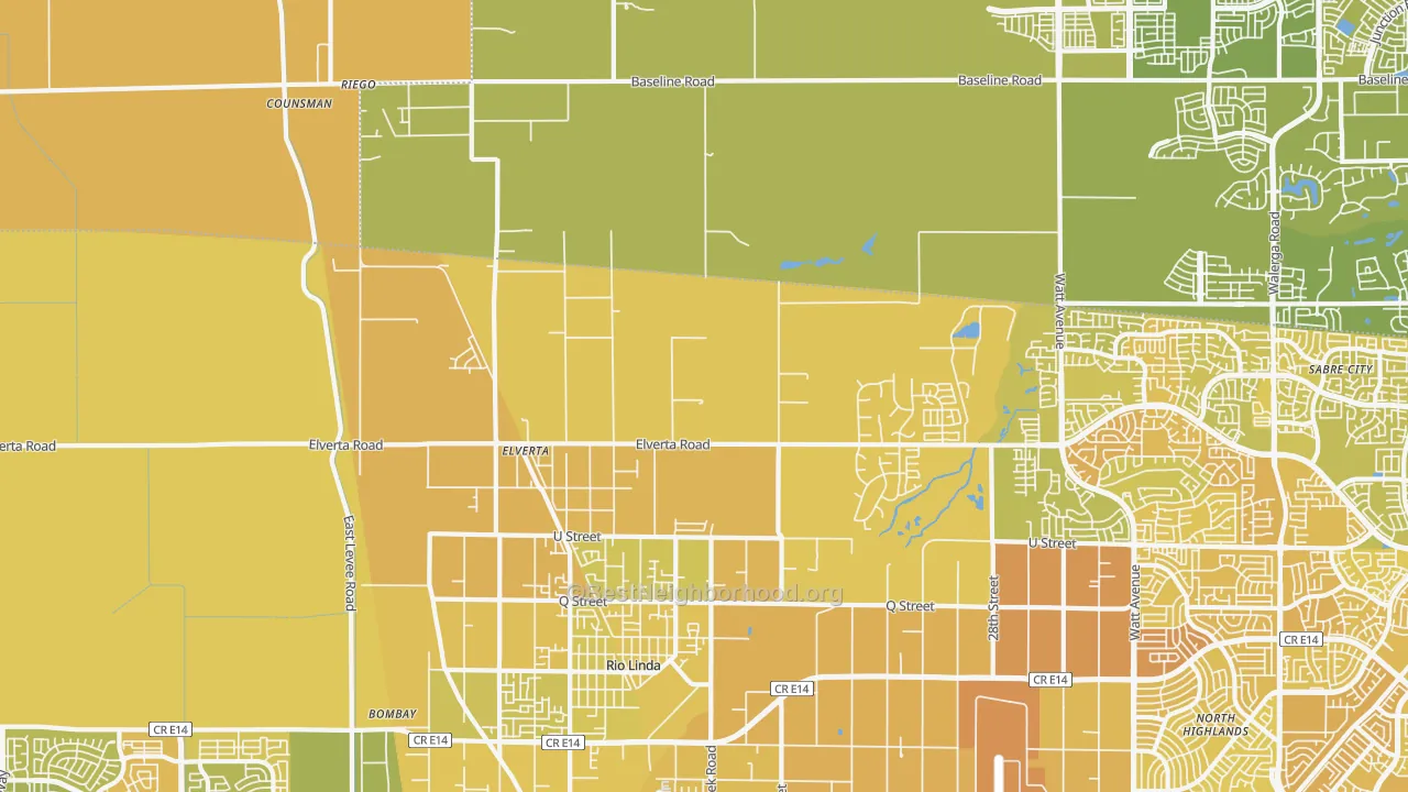 Map of the best neighborhoods in the 95626 area, with better matches in green and worse matches in red