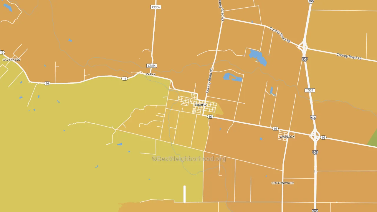 Map of the best neighborhoods in the 95627 area, with better matches in green and worse matches in red