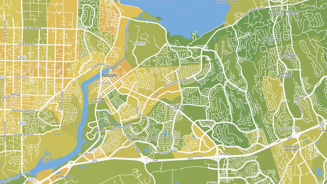 Map of the best neighborhoods in the 95630 area, with better matches in green and worse matches in red