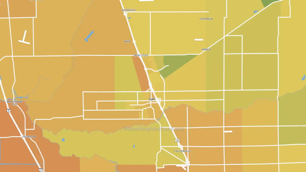 Map of the best neighborhoods in the 95632 area, with better matches in green and worse matches in red