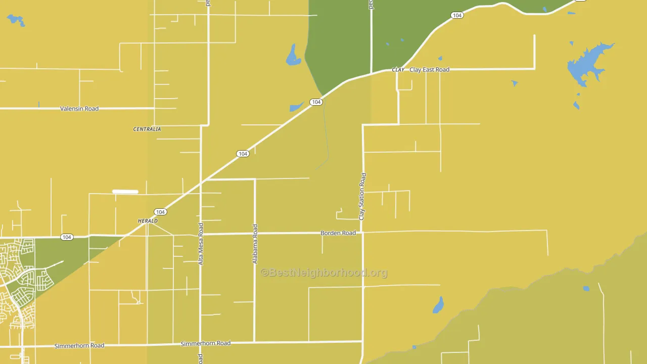Map of the best neighborhoods in the 95638 area, with better matches in green and worse matches in red