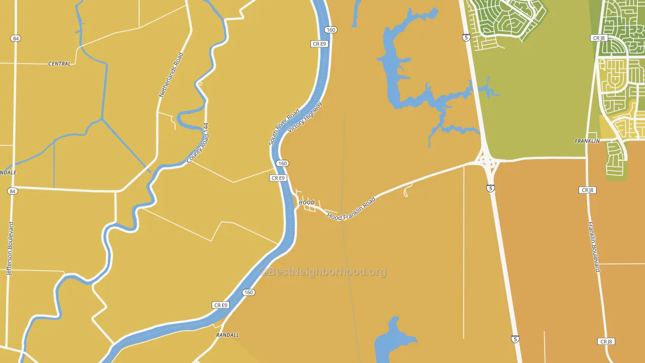 Map of the best neighborhoods in the 95639 area, with better matches in green and worse matches in red