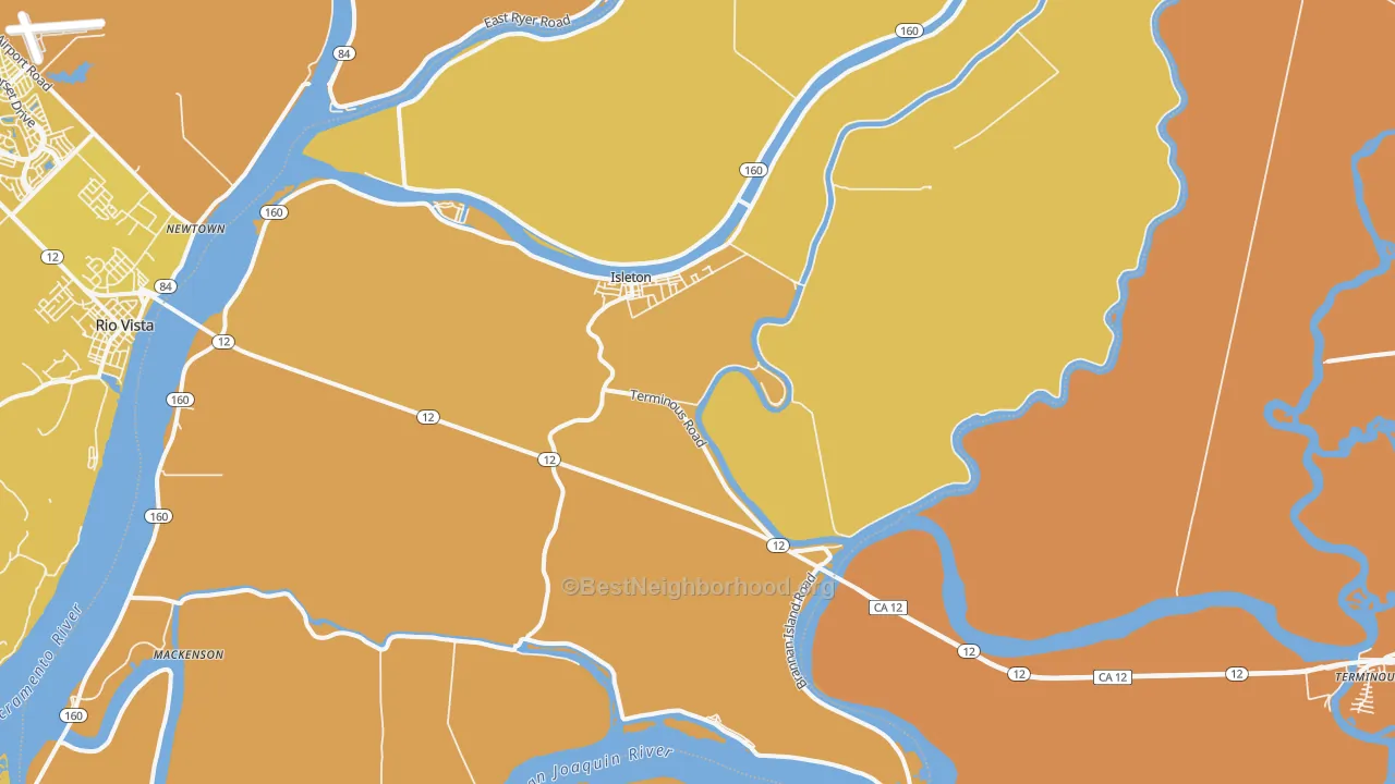 Map of the best neighborhoods in the 95641 area, with better matches in green and worse matches in red
