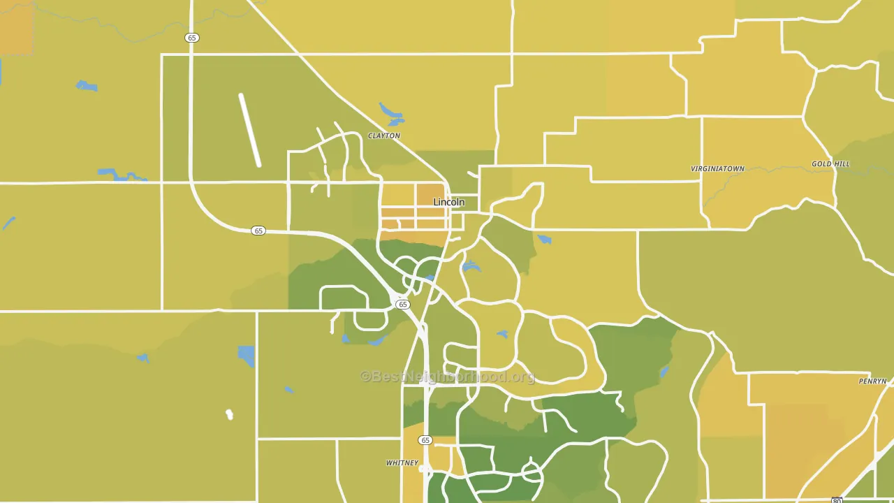 Map of the best neighborhoods in the 95648 area, with better matches in green and worse matches in red