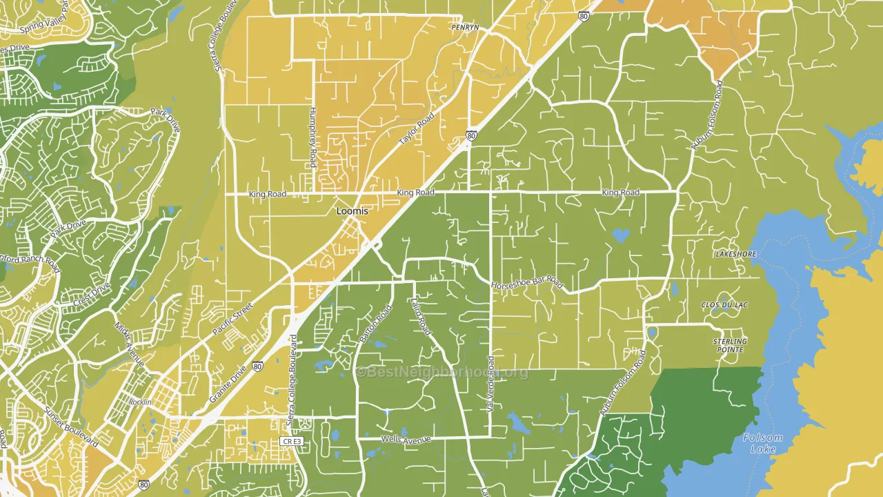 Map of the best neighborhoods in the 95650 area, with better matches in green and worse matches in red