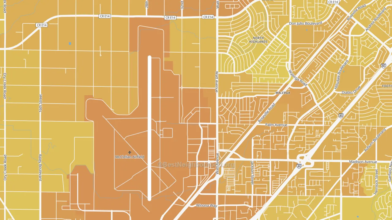 Map of the best neighborhoods in the 95652 area, with better matches in green and worse matches in red