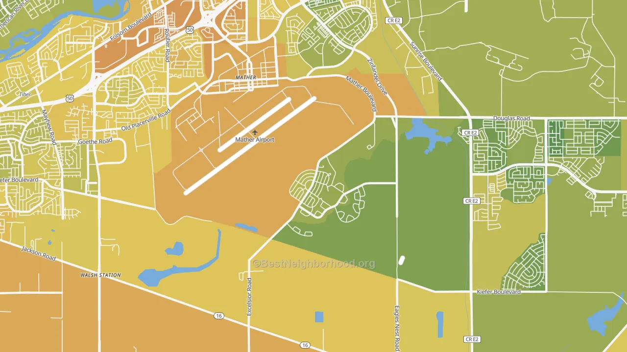 Map of the best neighborhoods in the 95655 area, with better matches in green and worse matches in red