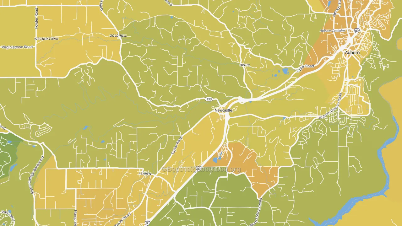 Map of the best neighborhoods in the 95658 area, with better matches in green and worse matches in red