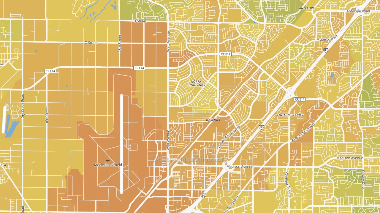 Map of the best neighborhoods in the 95660 area, with better matches in green and worse matches in red