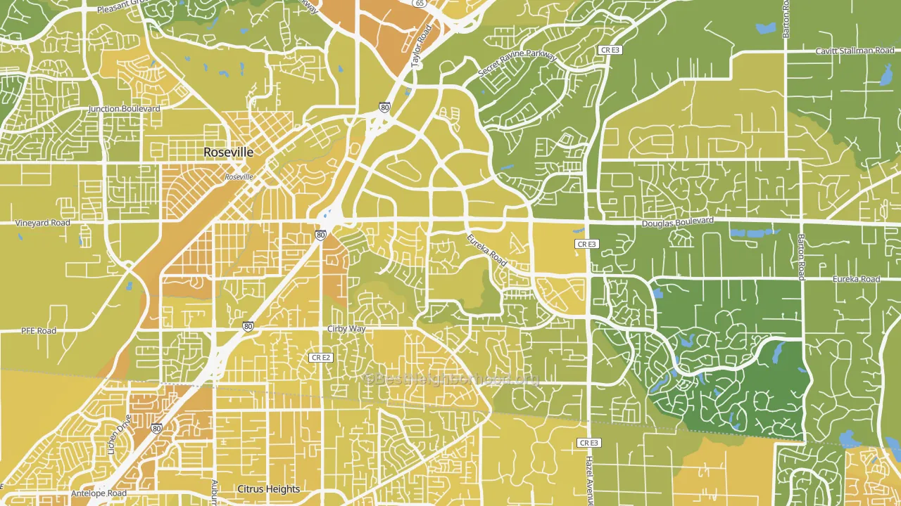 Map of the best neighborhoods in the 95661 area, with better matches in green and worse matches in red