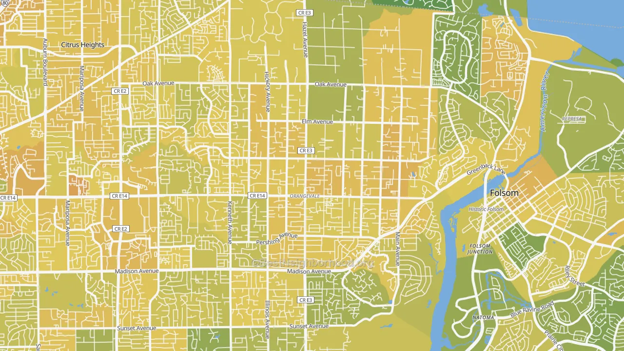 Map of the best neighborhoods in the 95662 area, with better matches in green and worse matches in red