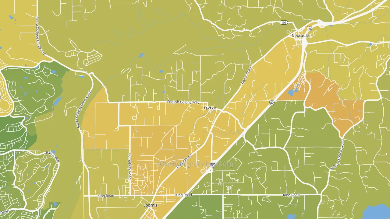 Map of the best neighborhoods in the 95663 area, with better matches in green and worse matches in red