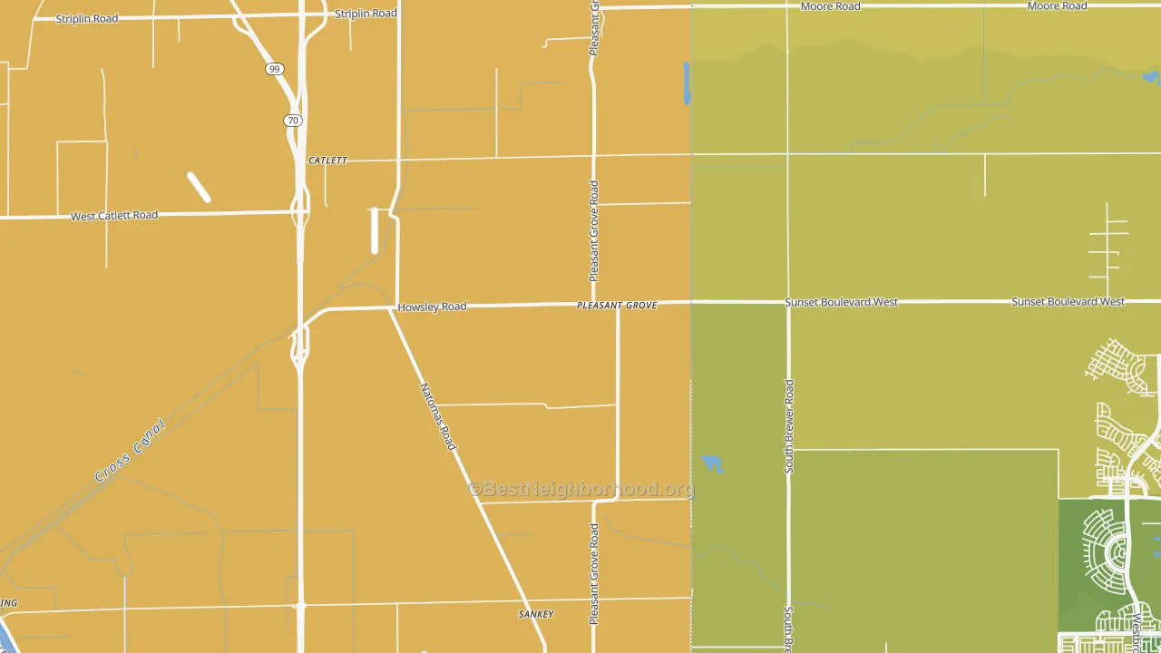 Map of the best neighborhoods in the 95668 area, with better matches in green and worse matches in red