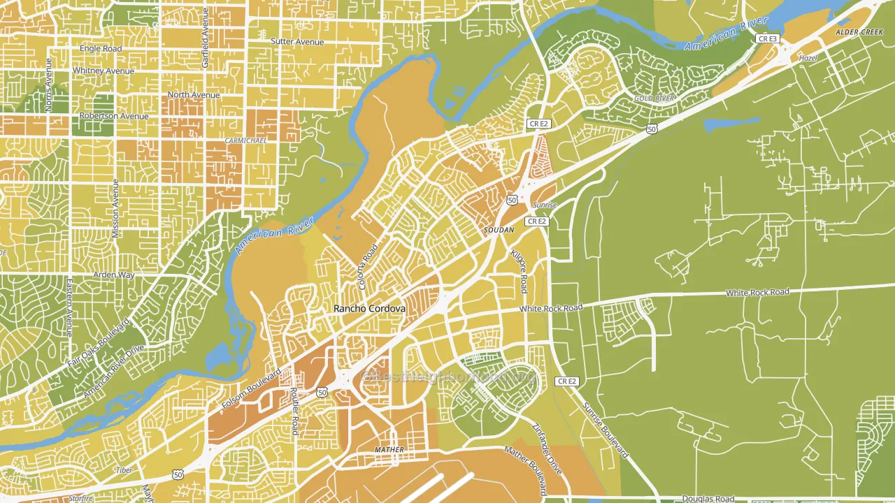 Map of the best neighborhoods in the 95670 area, with better matches in green and worse matches in red