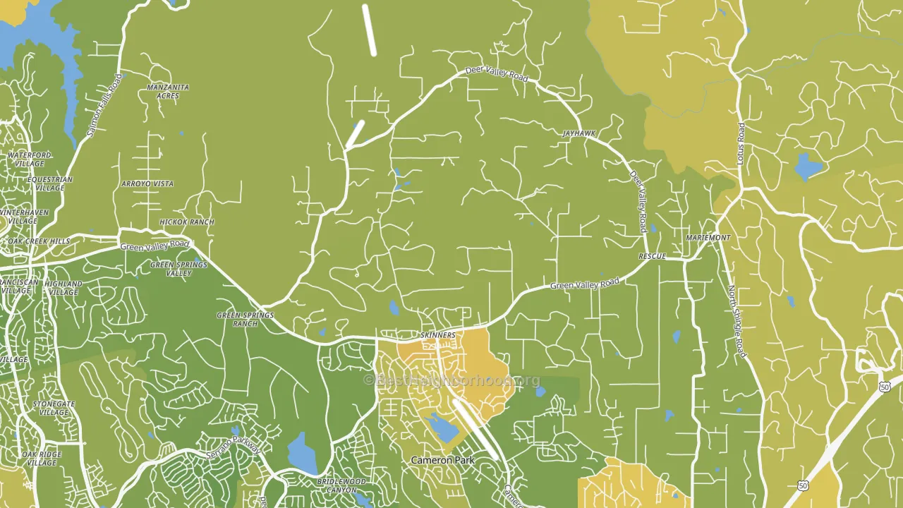 Map of the best neighborhoods in the 95672 area, with better matches in green and worse matches in red