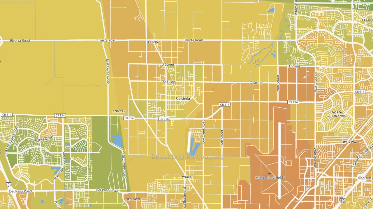 Map of the best neighborhoods in the 95673 area, with better matches in green and worse matches in red
