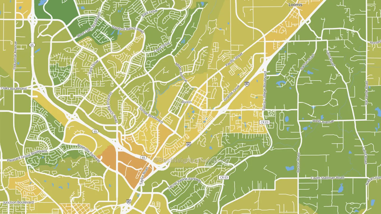 Map of the best neighborhoods in the 95677 area, with better matches in green and worse matches in red