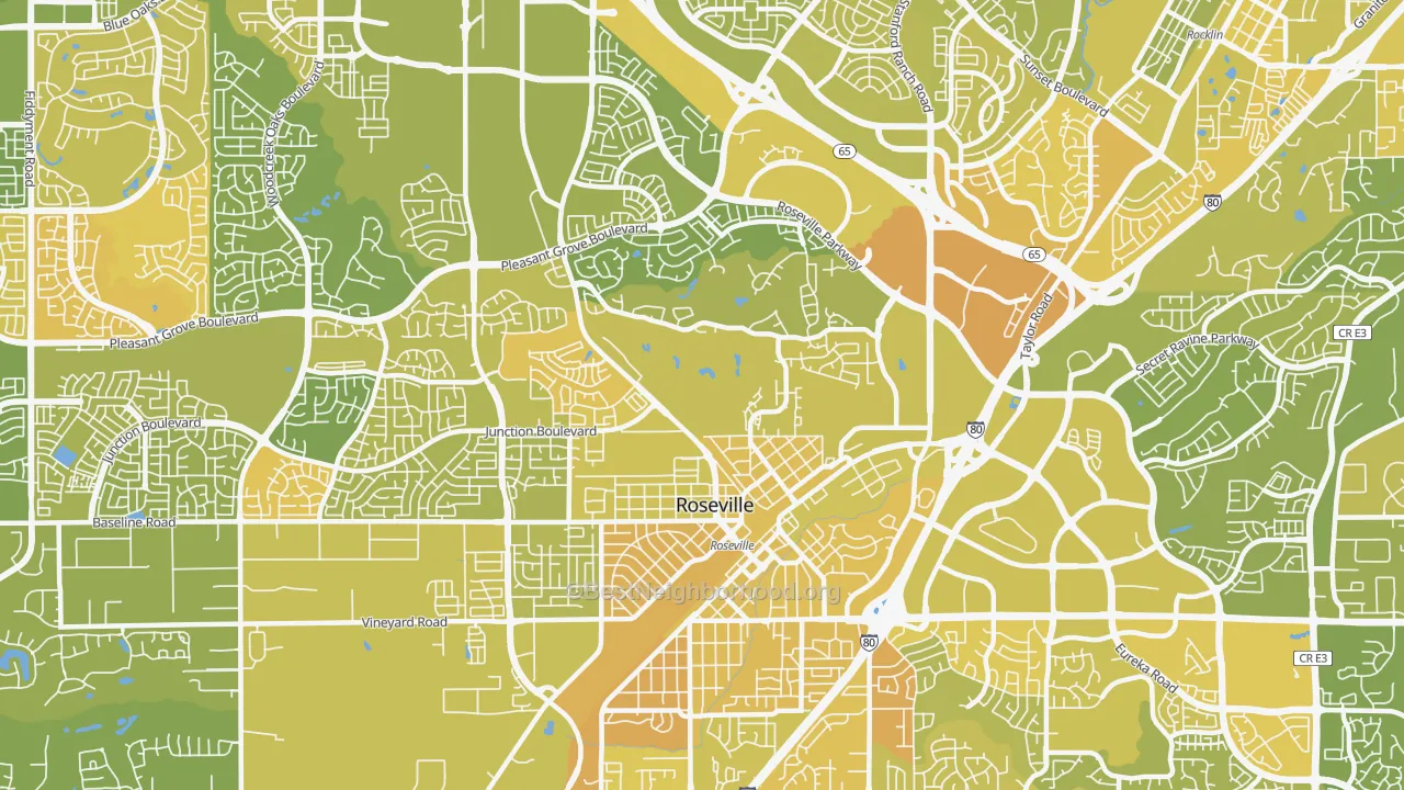 Map of the best neighborhoods in the 95678 area, with better matches in green and worse matches in red