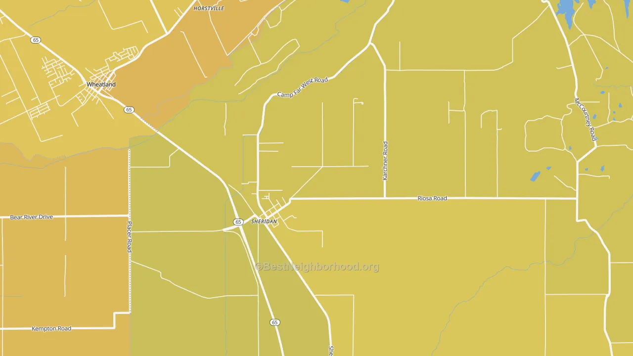 Map of the best neighborhoods in the 95681 area, with better matches in green and worse matches in red