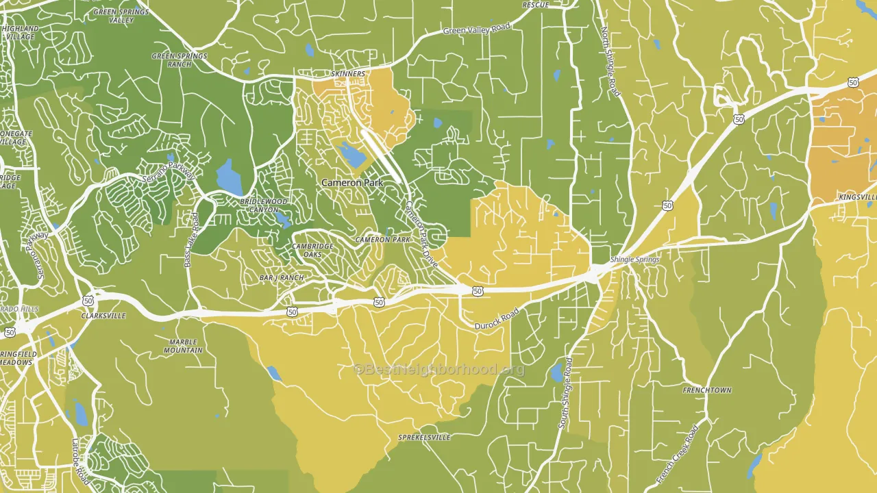 Map of the best neighborhoods in the 95682 area, with better matches in green and worse matches in red