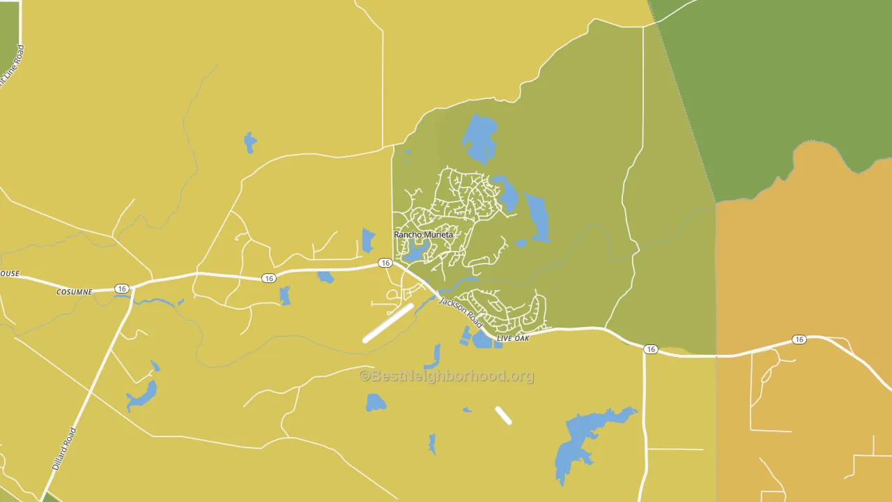 Map of the best neighborhoods in the 95683 area, with better matches in green and worse matches in red