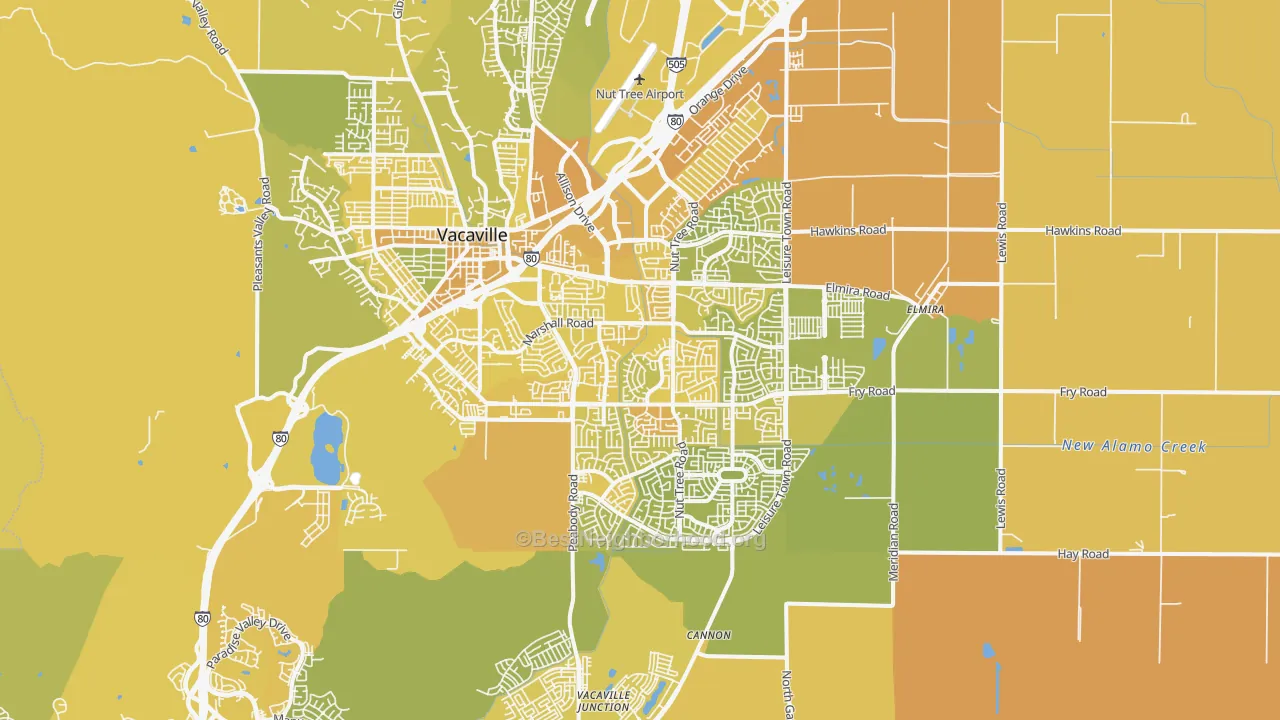 Map of the best neighborhoods in the 95687 area, with better matches in green and worse matches in red