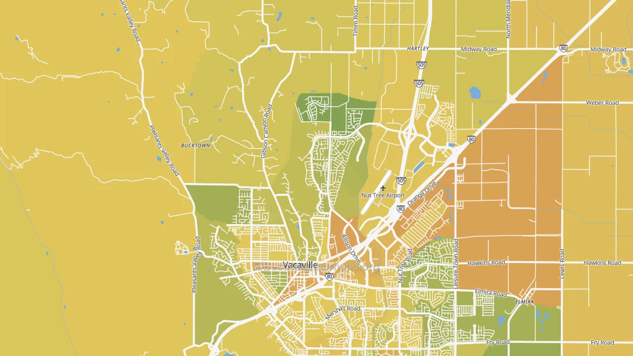 Map of the best neighborhoods in the 95688 area, with better matches in green and worse matches in red