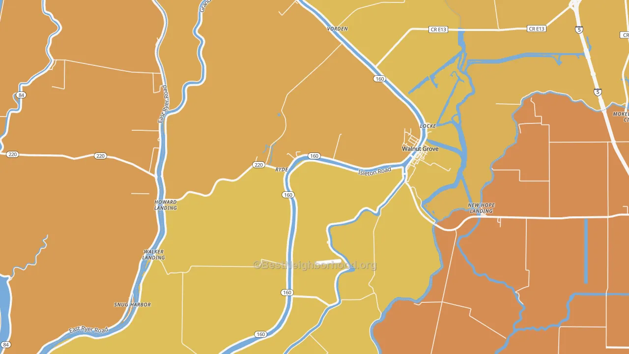 Map of the best neighborhoods in the 95690 area, with better matches in green and worse matches in red
