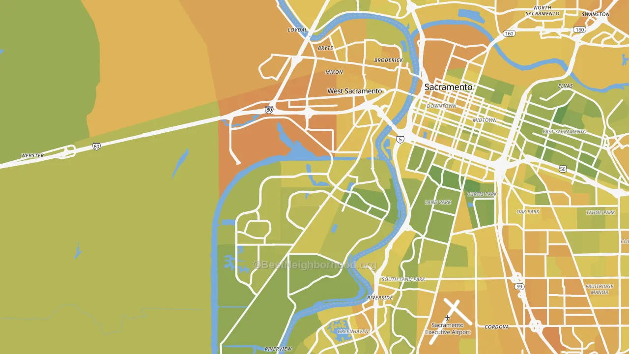 Map of the best neighborhoods in the 95691 area, with better matches in green and worse matches in red