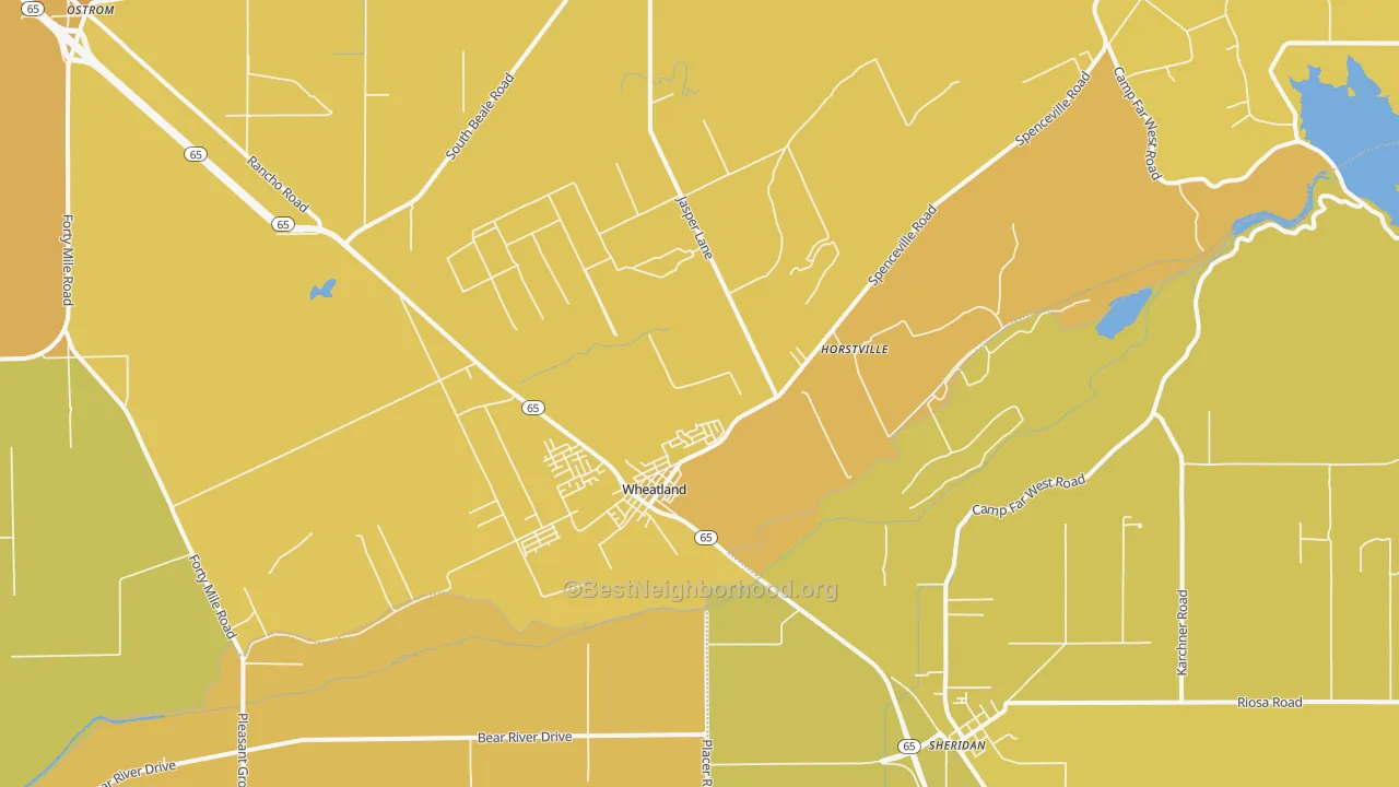 Map of the best neighborhoods in the 95692 area, with better matches in green and worse matches in red