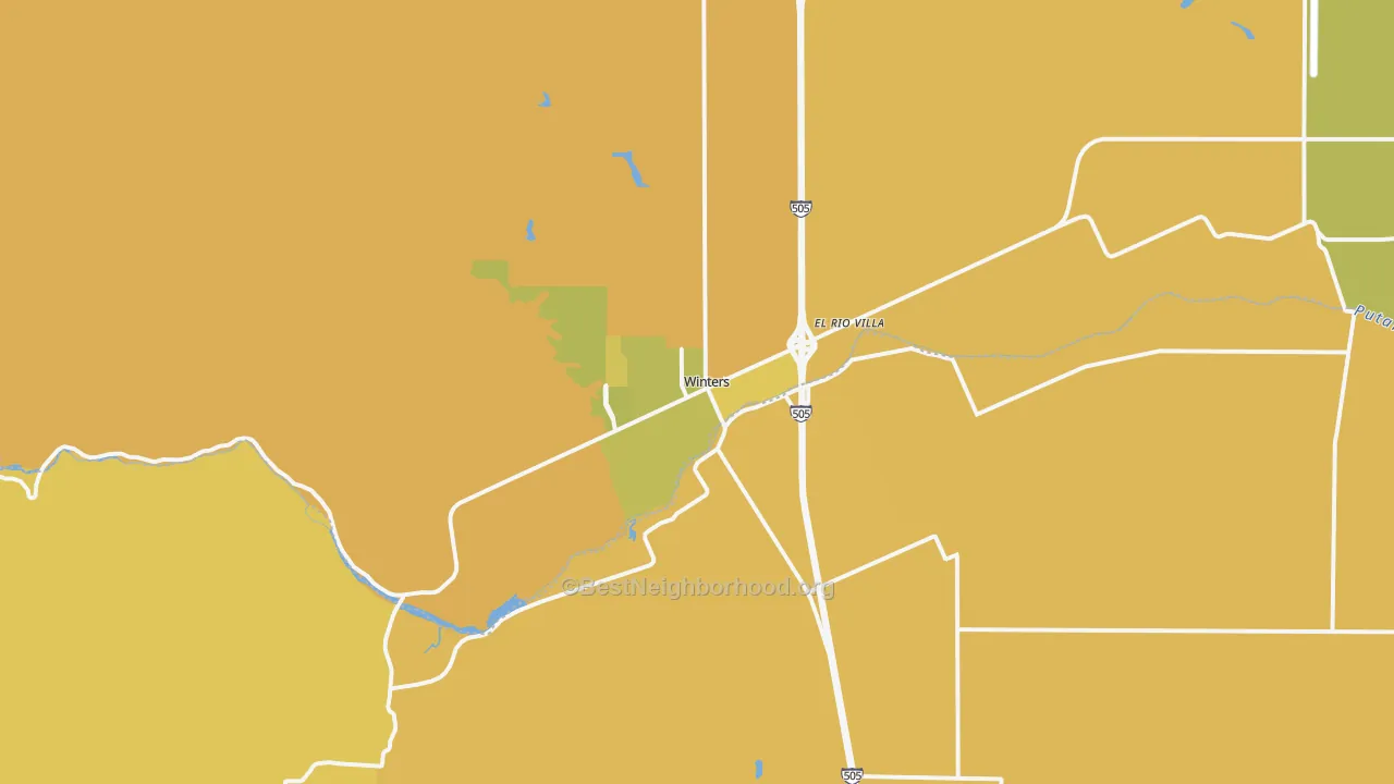 Map of the best neighborhoods in the 95694 area, with better matches in green and worse matches in red