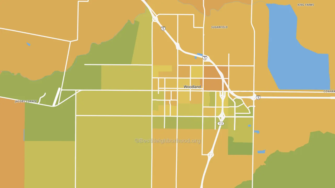 Map of the best neighborhoods in the 95695 area, with better matches in green and worse matches in red