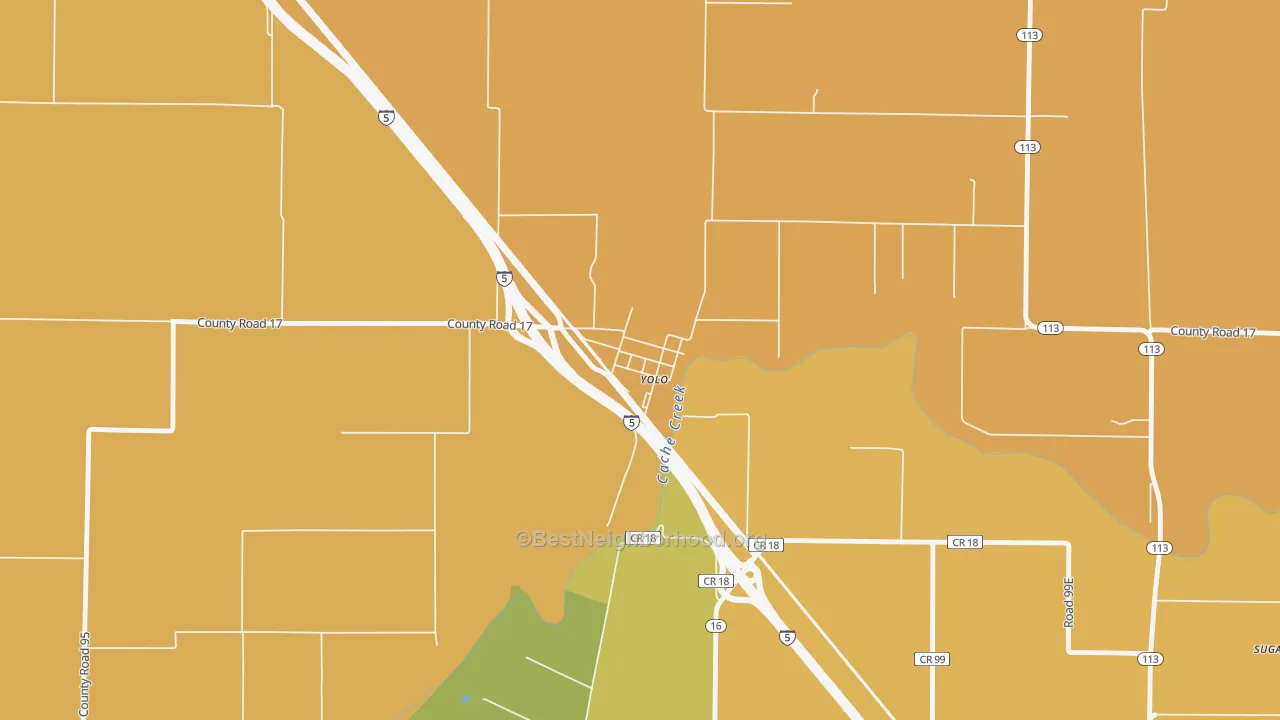 Map of the best neighborhoods in the 95697 area, with better matches in green and worse matches in red
