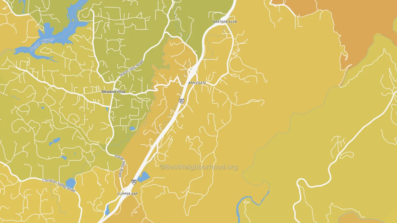 Map of the best neighborhoods in the 95703 area, with better matches in green and worse matches in red
