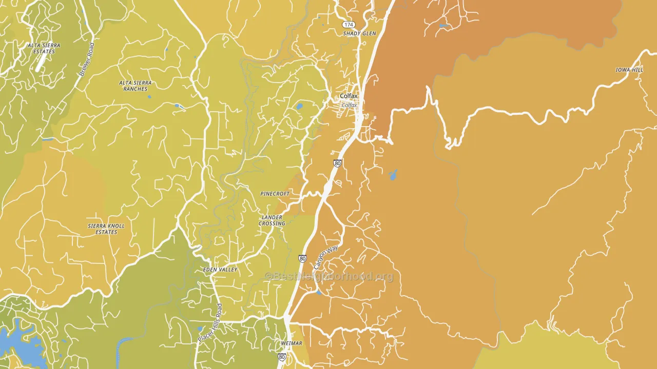 Map of the best neighborhoods in the 95713 area, with better matches in green and worse matches in red