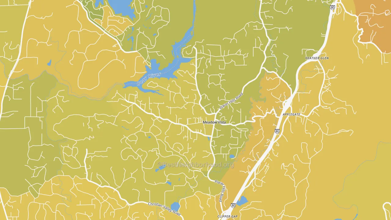 Map of the best neighborhoods in the 95722 area, with better matches in green and worse matches in red