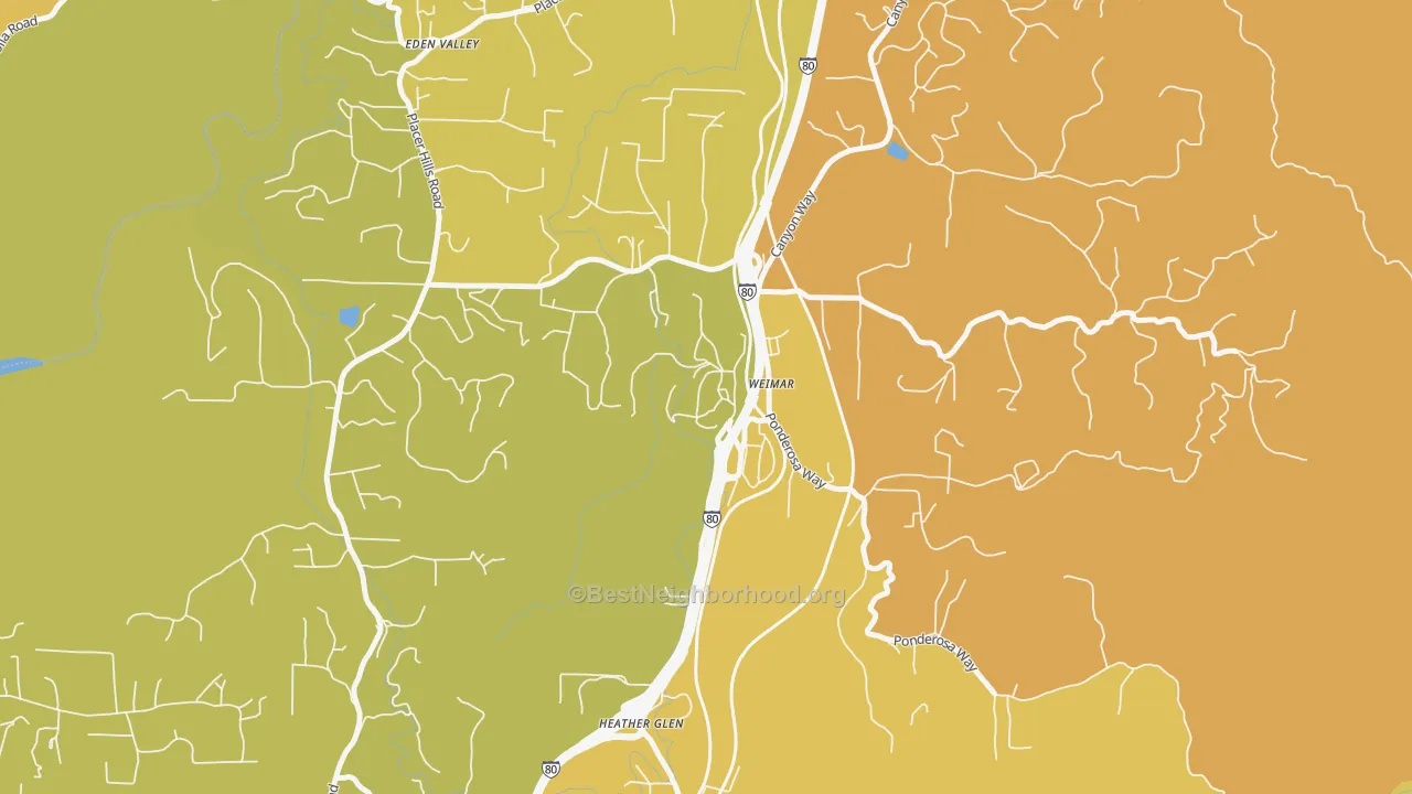 Map of the best neighborhoods in the 95736 area, with better matches in green and worse matches in red