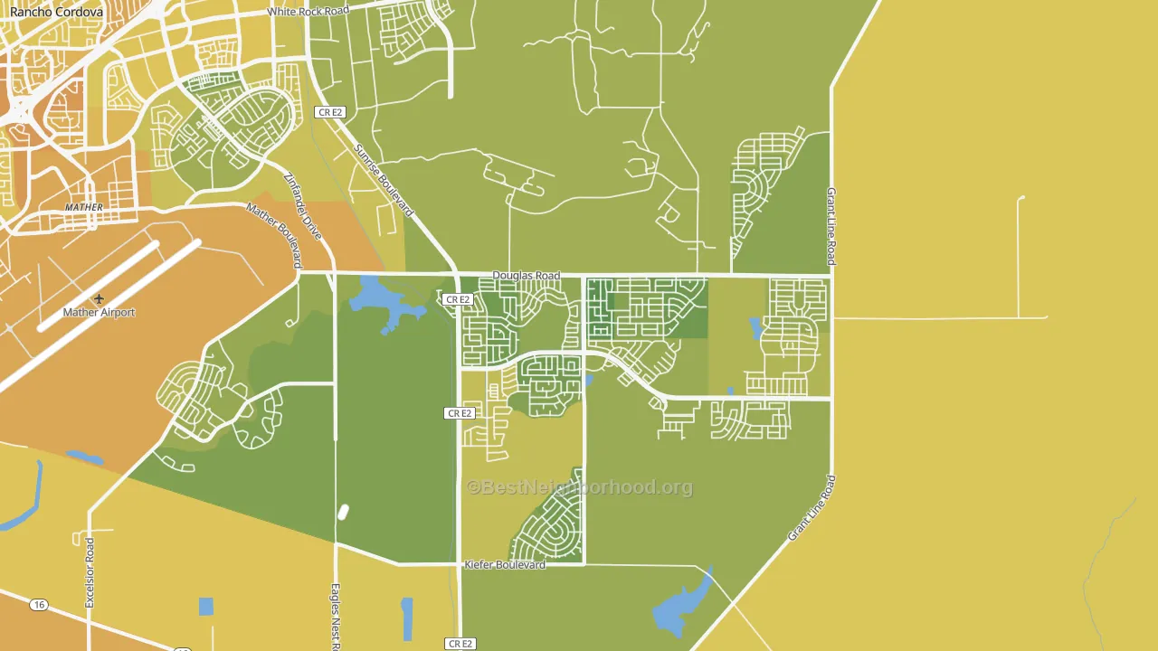 Map of the best neighborhoods in the 95742 area, with better matches in green and worse matches in red