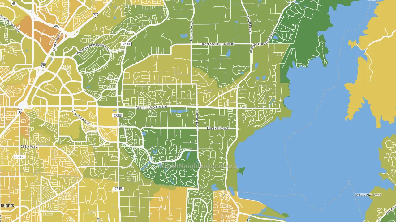 Map of the best neighborhoods in the 95746 area, with better matches in green and worse matches in red