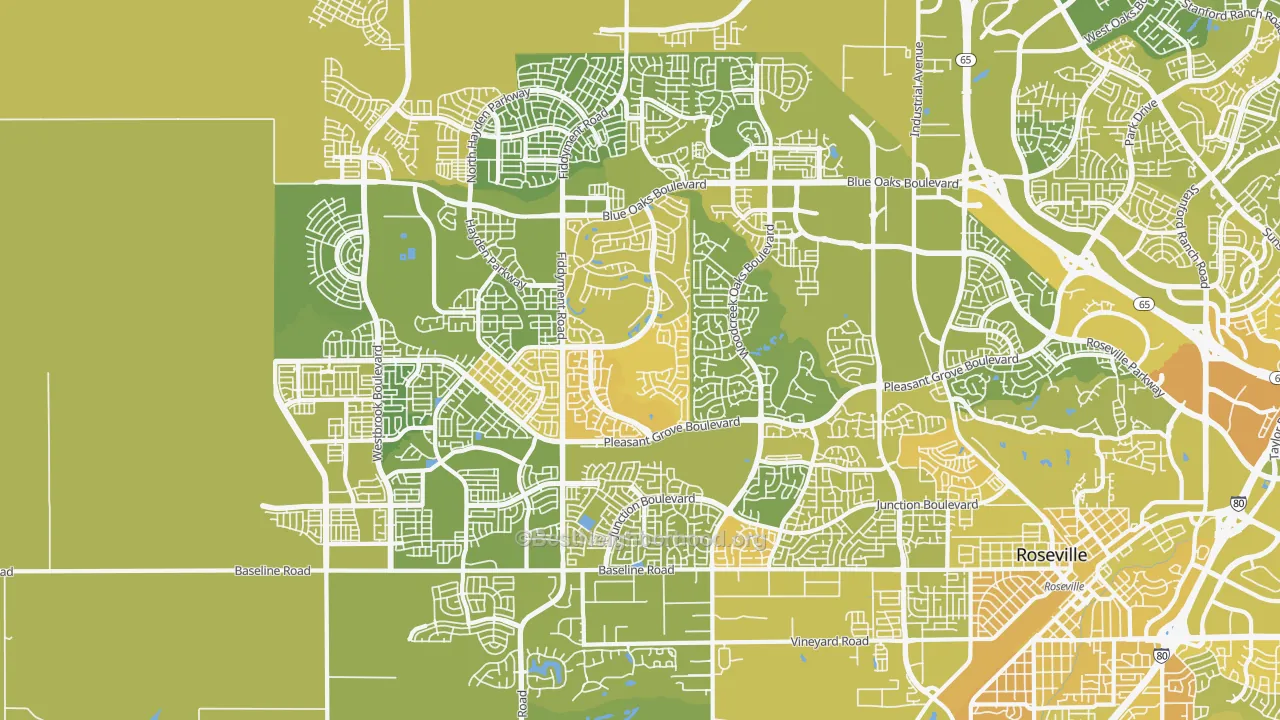 Map of the best neighborhoods in the 95747 area, with better matches in green and worse matches in red