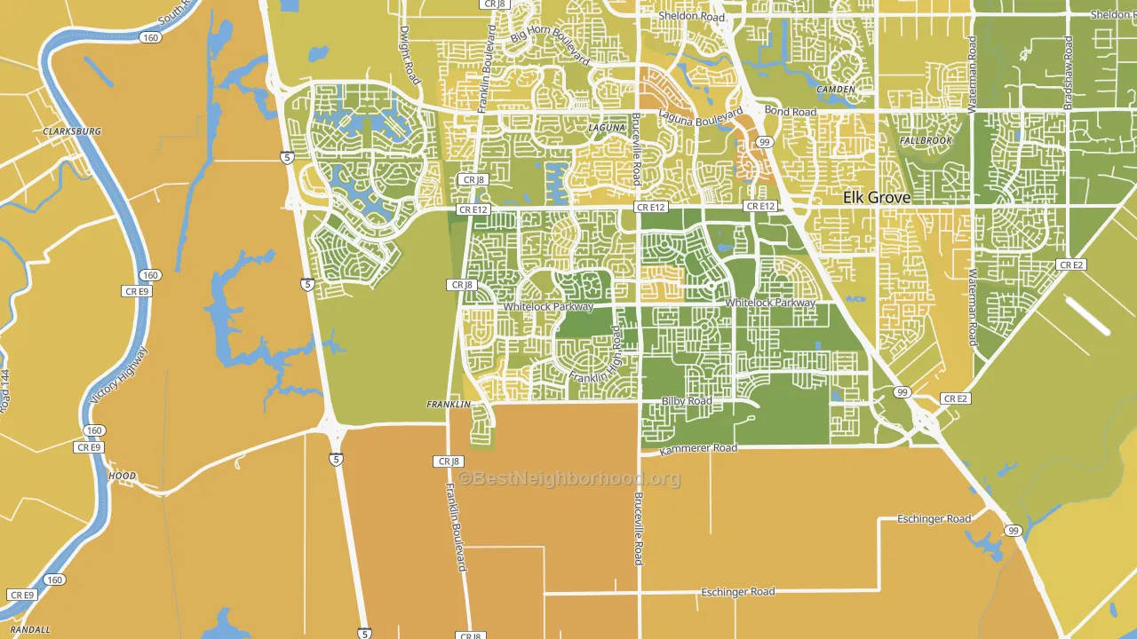 Map of the best neighborhoods in the 95757 area, with better matches in green and worse matches in red